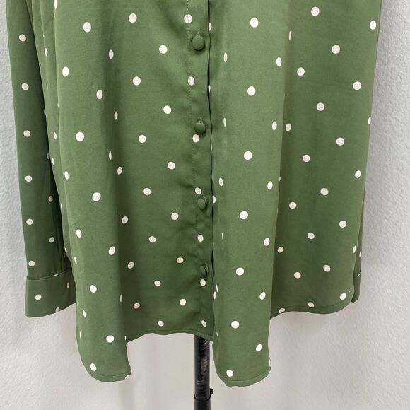 Torrid 2 Moss Green Blouse White Polka Dot Long Sleeve Pockets Button Front Flaw - Picture 6 of 13